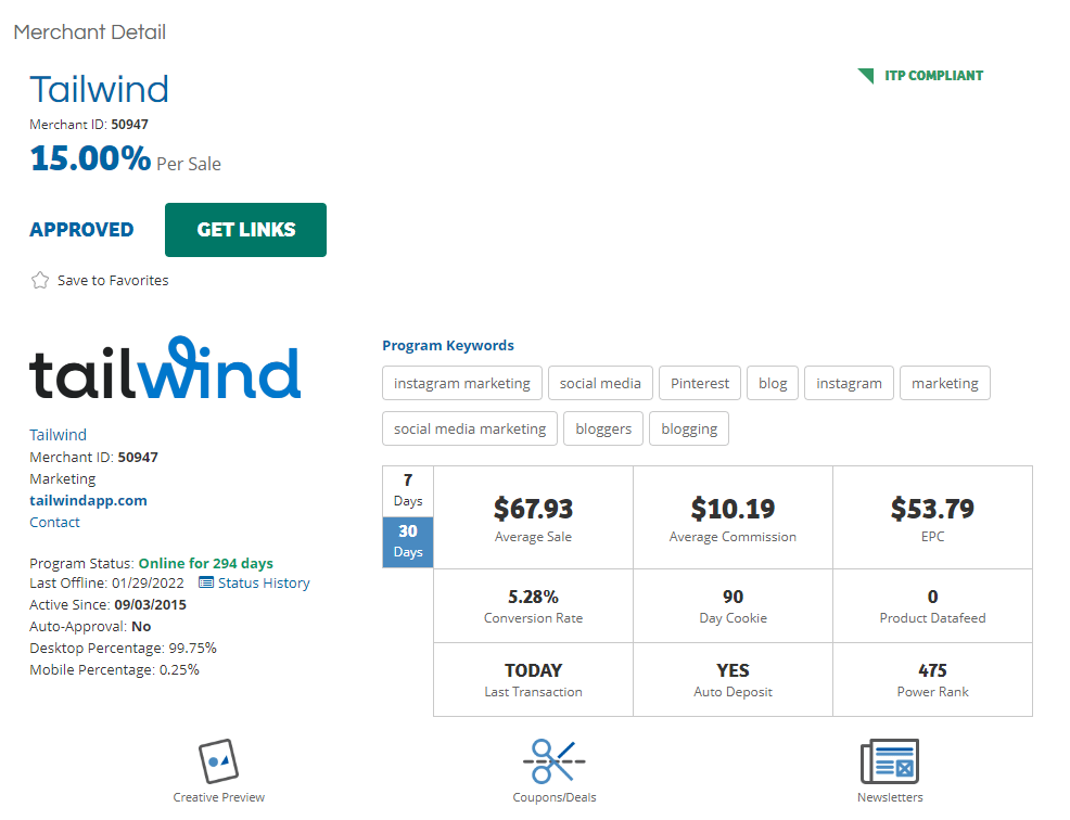 tailwind on shareasale website
