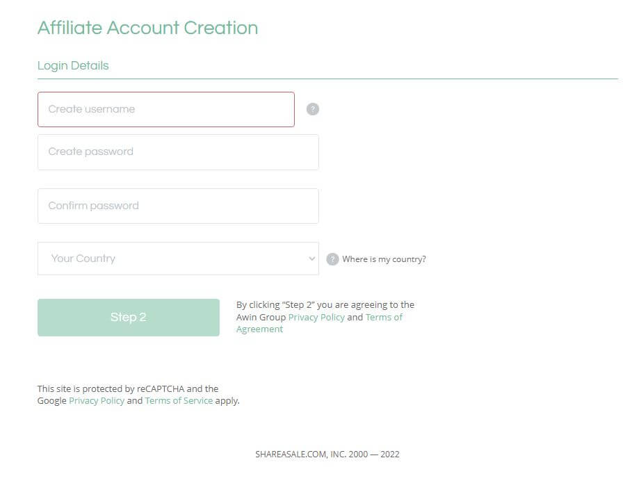 Shareasale affiliate account creation picture